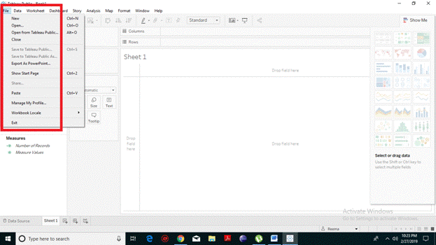 file menu is used to create a new Tableau workbook