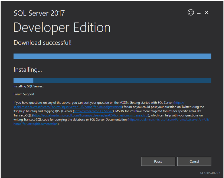 SQL Server 2017 Developer Edition download successful