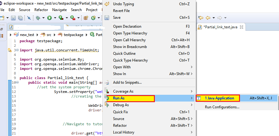 To run the test script in Eclipse, right-click on the code