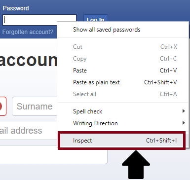 password Text box and Inspect Element tab