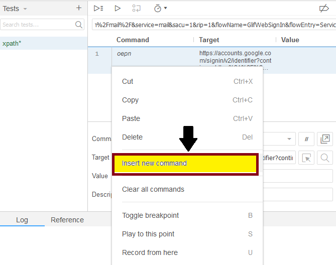 right-click on insert new command