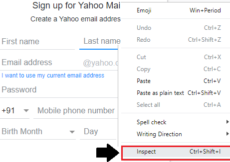 select Inspect option to identify 