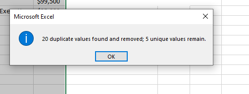 A dialog appears, indicating the total values that have been removed and the total unique values present in the worksheet.