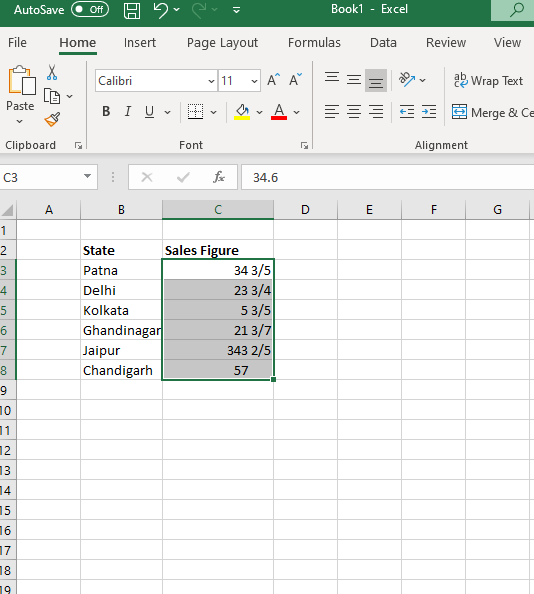 Click on Home- Number- General- Fractions. The decimal values will be formatted to fractions.