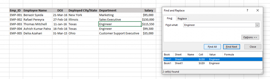 Find All will give you all the locations of that value in the excel file.