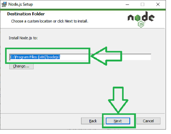 choose the location where you want to install the Node.js