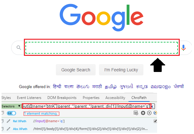 the XPath to locate the Google search text box using parent XPath axes.