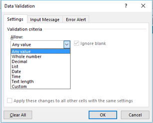 Different options for Data Validation
