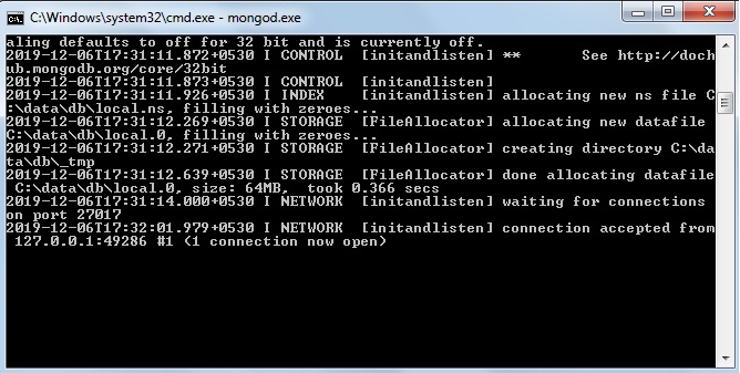 Execution of mongod.exe on the command prompt