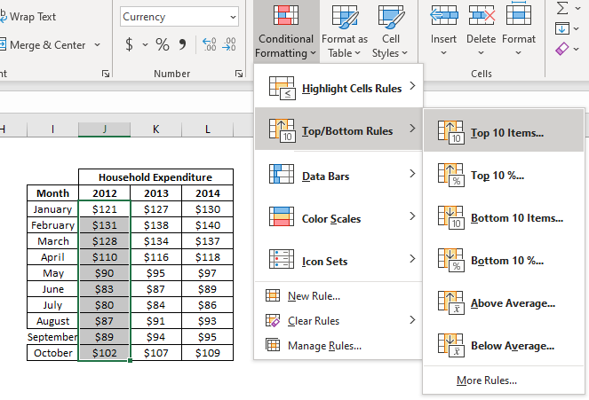 entire column for year 2012 and click on Conditional Formatting