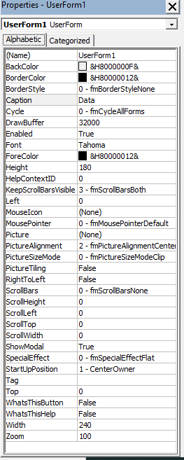 UserForm and its Properties Excel VBA